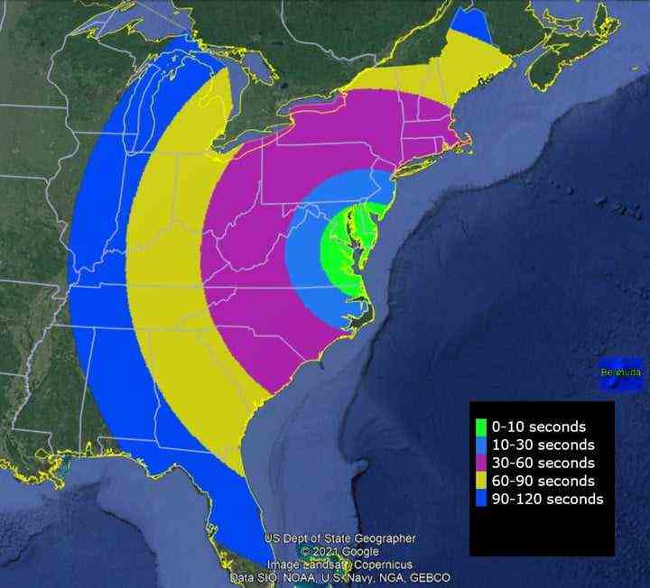 Diese Karte zeigt, wann die Rakete nach dem Start von der Wallops Flight Facility der NASA aus sichtbar sein kann.  Zwei Dampfwolken bilden sich etwa 9 Minuten und 30 Sekunden nach dem Start im Rahmen der Mission nördlich von Bermuda und können auch von den östlichen Vereinigten Staaten und Bermuda aus sichtbar sein.