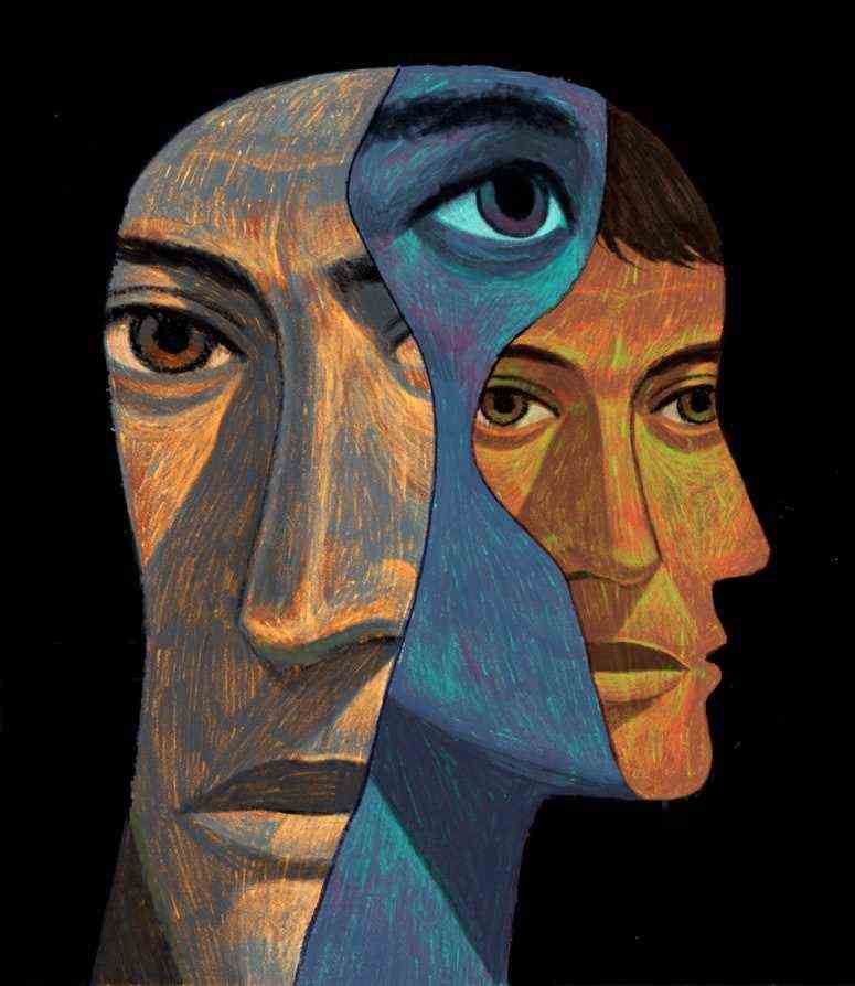 Eine Picasso-ähnliche Illustration von drei Gesichtern, die alle miteinander verschmelzen
