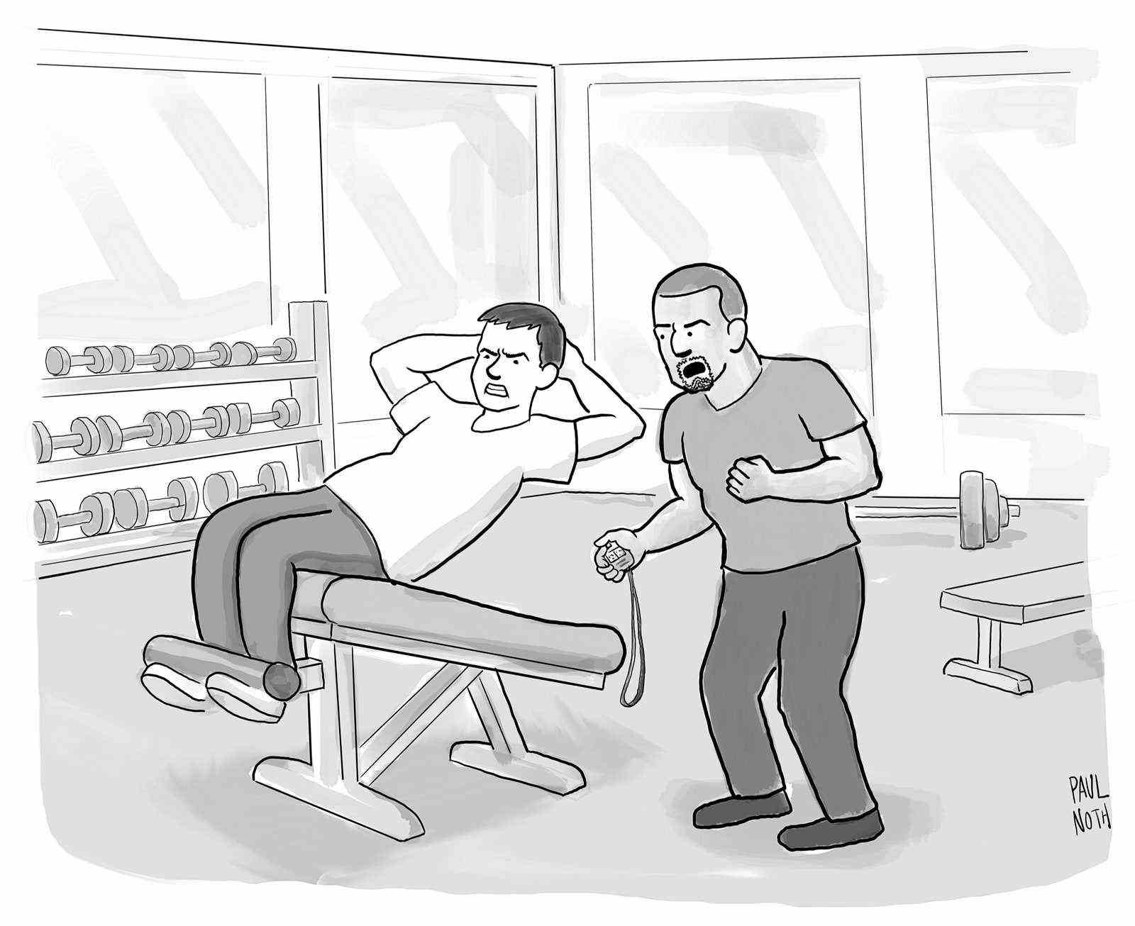 Fitnesstrainer motiviert den Mann, der im Fitnessstudio trainiert.
