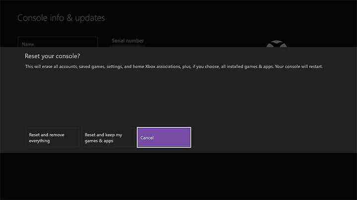 Screenshot der Xbox-Reset-Optionen.