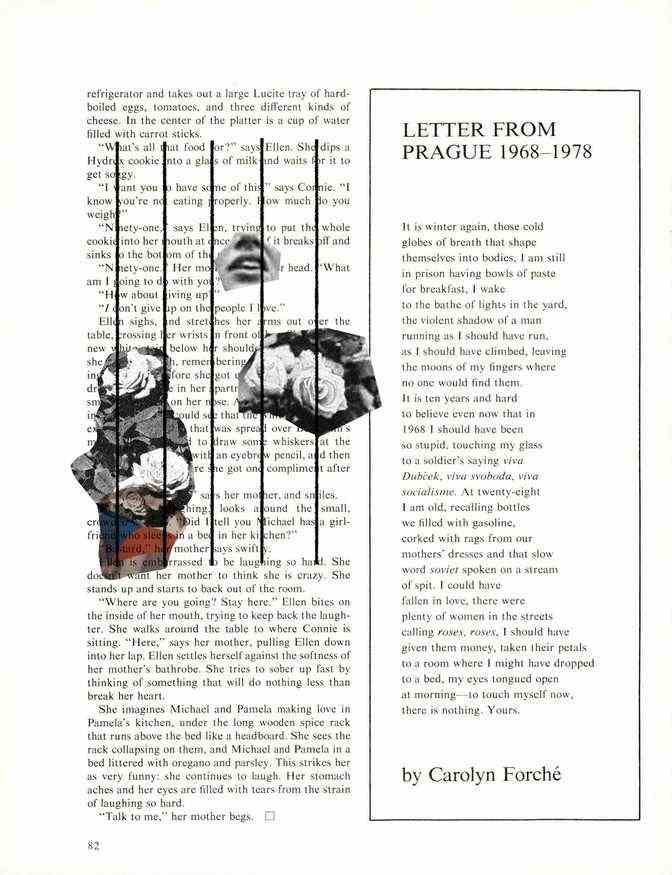 PDF des Gedichts auf der Seite, mit collagierten Bildern von Rosen hinter Gefängnisgittern