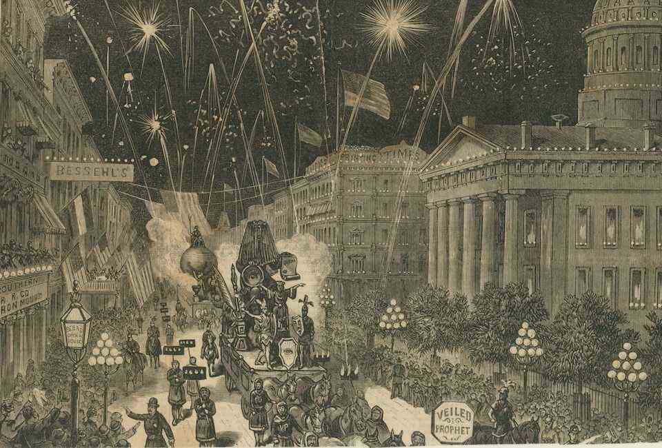 Illustration der ersten Parade des verschleierten Propheten im Oktober 1878.