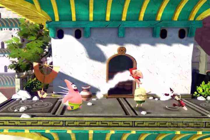 Nickelodeon-Charaktere kämpfen in Nickelodeon All-Star Brawl auf einer Karte mit asiatischem Tempelthema.