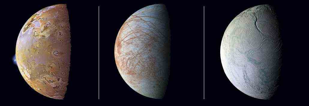 images of Io, Europa and Enceladus
