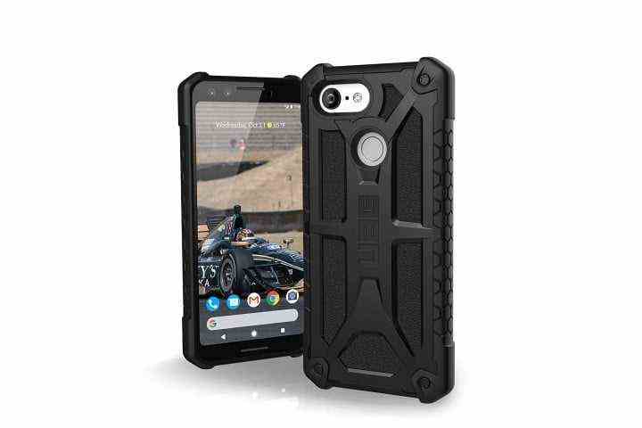Front and back view of a black Urban Armor Gear Monarch Case for the Google Pixel 3.