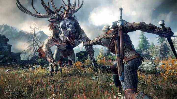 Geralt casting a spell against a beast in The Witcher 3.