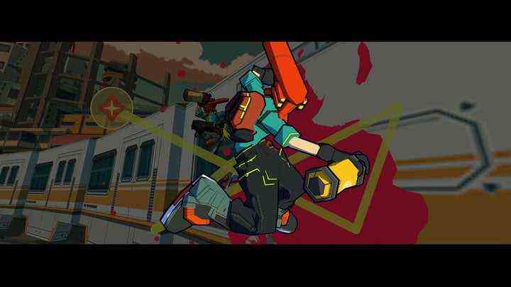 Bomb Rush Cyberfunk-Screenshot eines Charakters, der einen Graffiti-Finishing-Move ausführt.