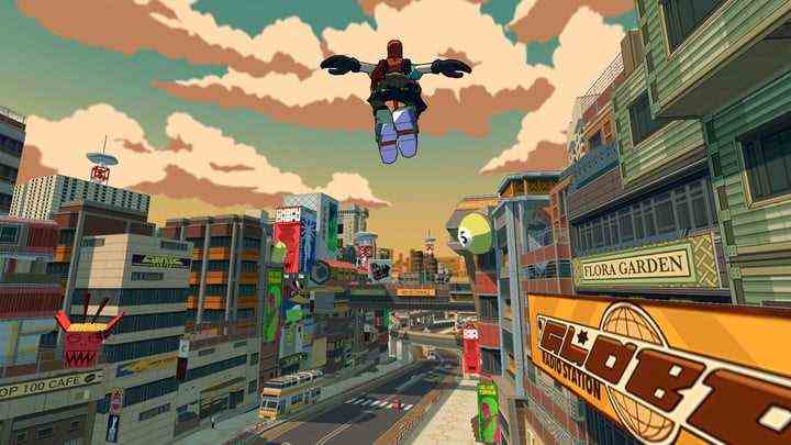 Bomb Rush Cyberfunk-Screenshot eines Charakters, der durch die Stadt springt.