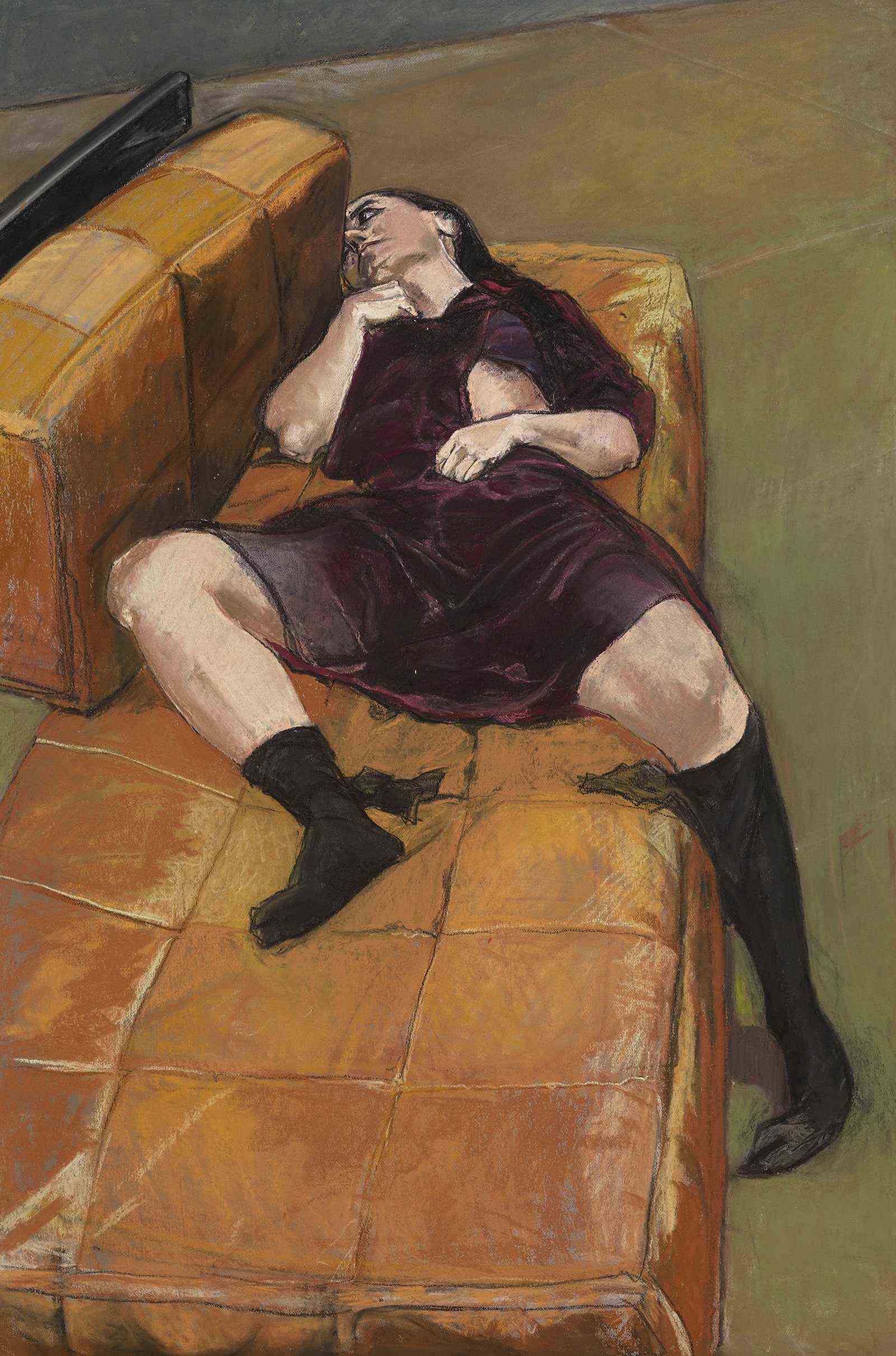Ein Gemälde einer Frau in einem Kleid und Socken, die auf einem Sofa liegt.