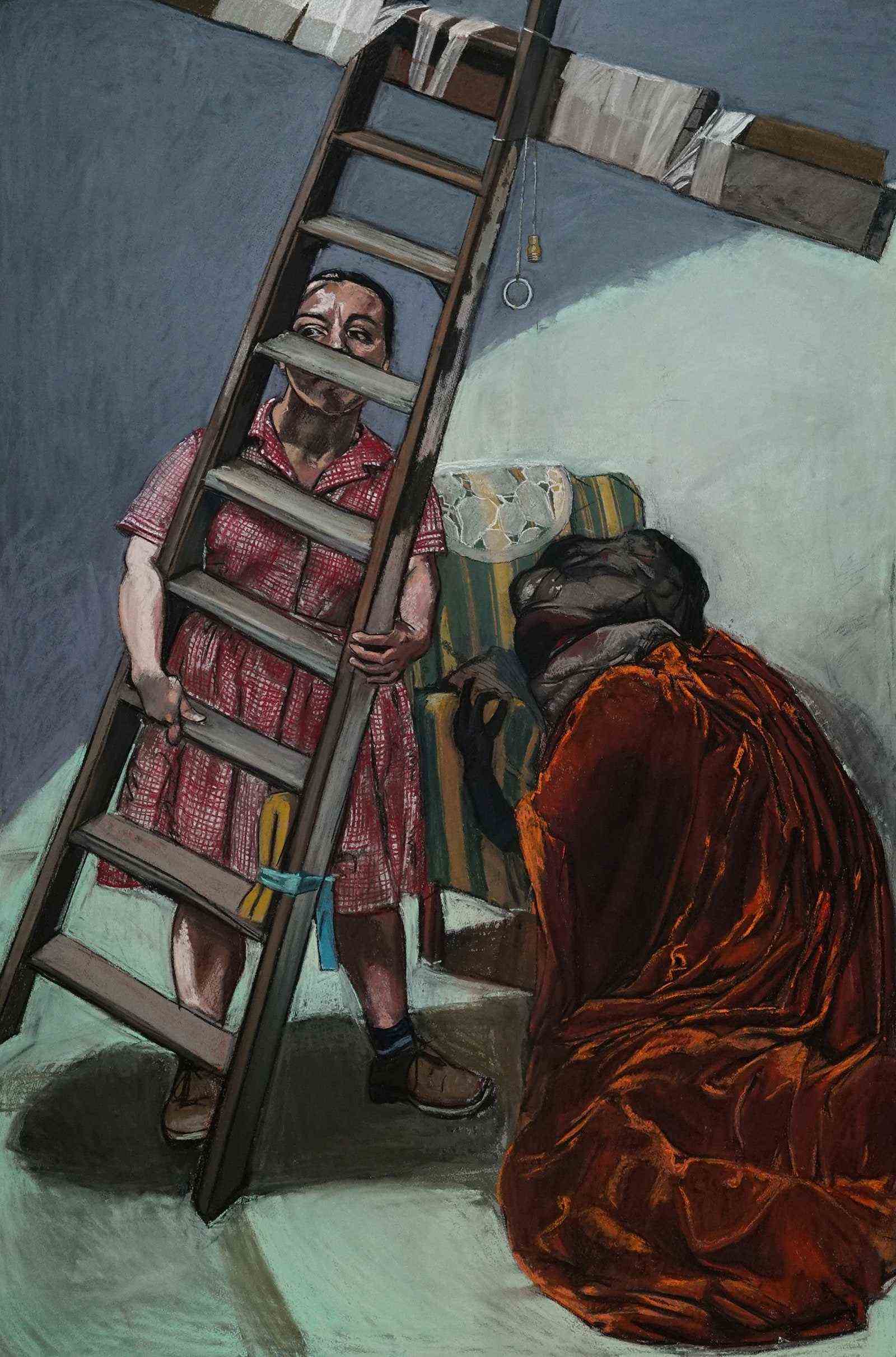 Gemälde einer Frau mit einer Leiter, die zu einem Kreuz mit einer knienden Figur im Vordergrund wird.