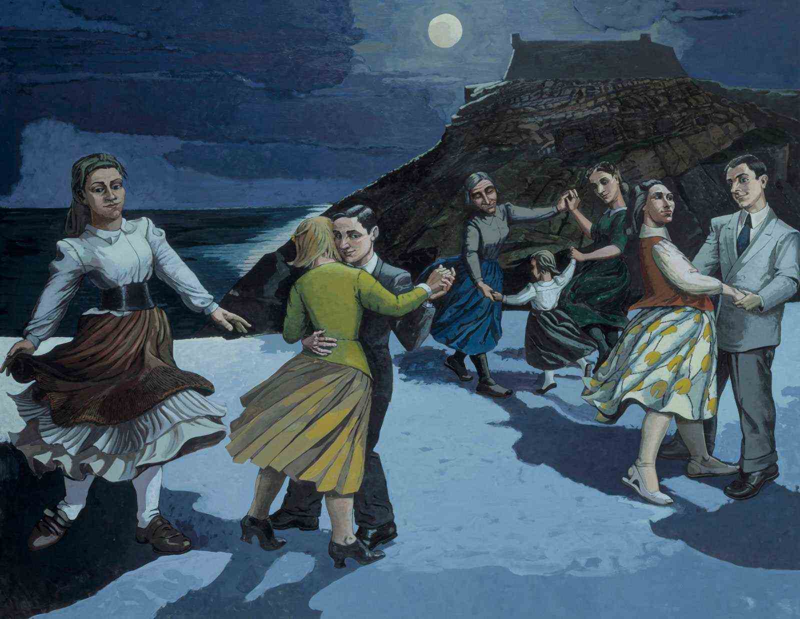 Ein Gemälde von Menschen, die im Mondlicht am Meer tanzen.