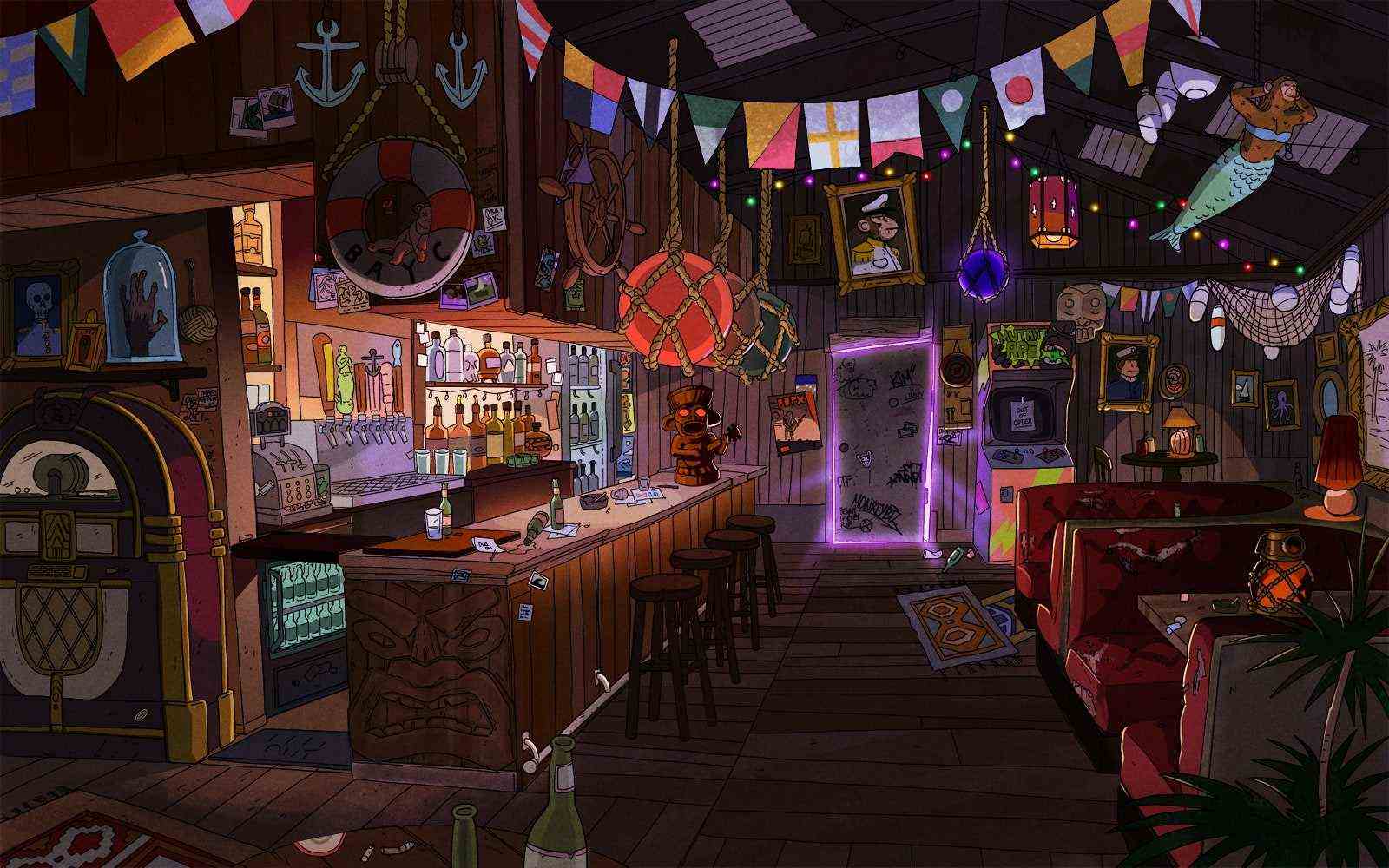 Eine Illustration des Inneren einer Bar.