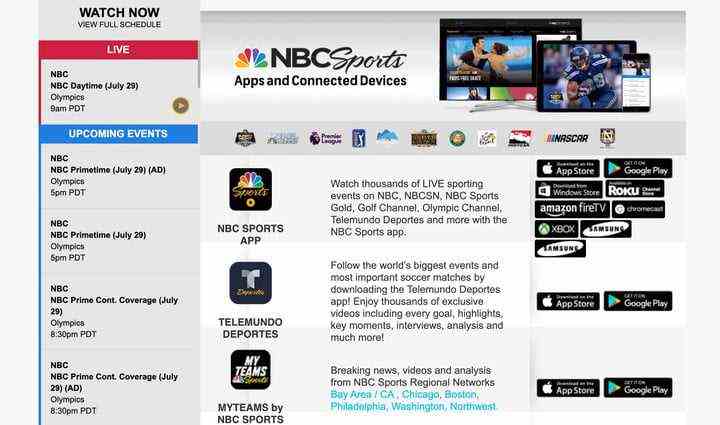 Webseite zum Herunterladen der NBC Sports-App.