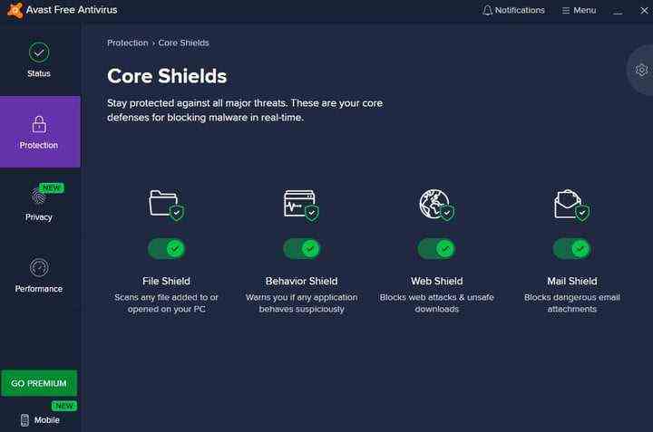 Screenshot der Avast Free Antivirus-Desktop-App, der den Statusbildschirm der Schutzfunktionen von Core Shields zeigt.