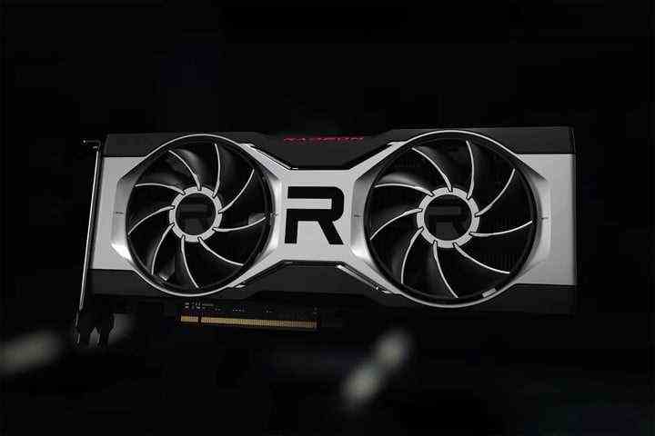 Eine AMD Radeon RX 6700 XT Grafikkarte vor schwarzem Hintergrund platziert.