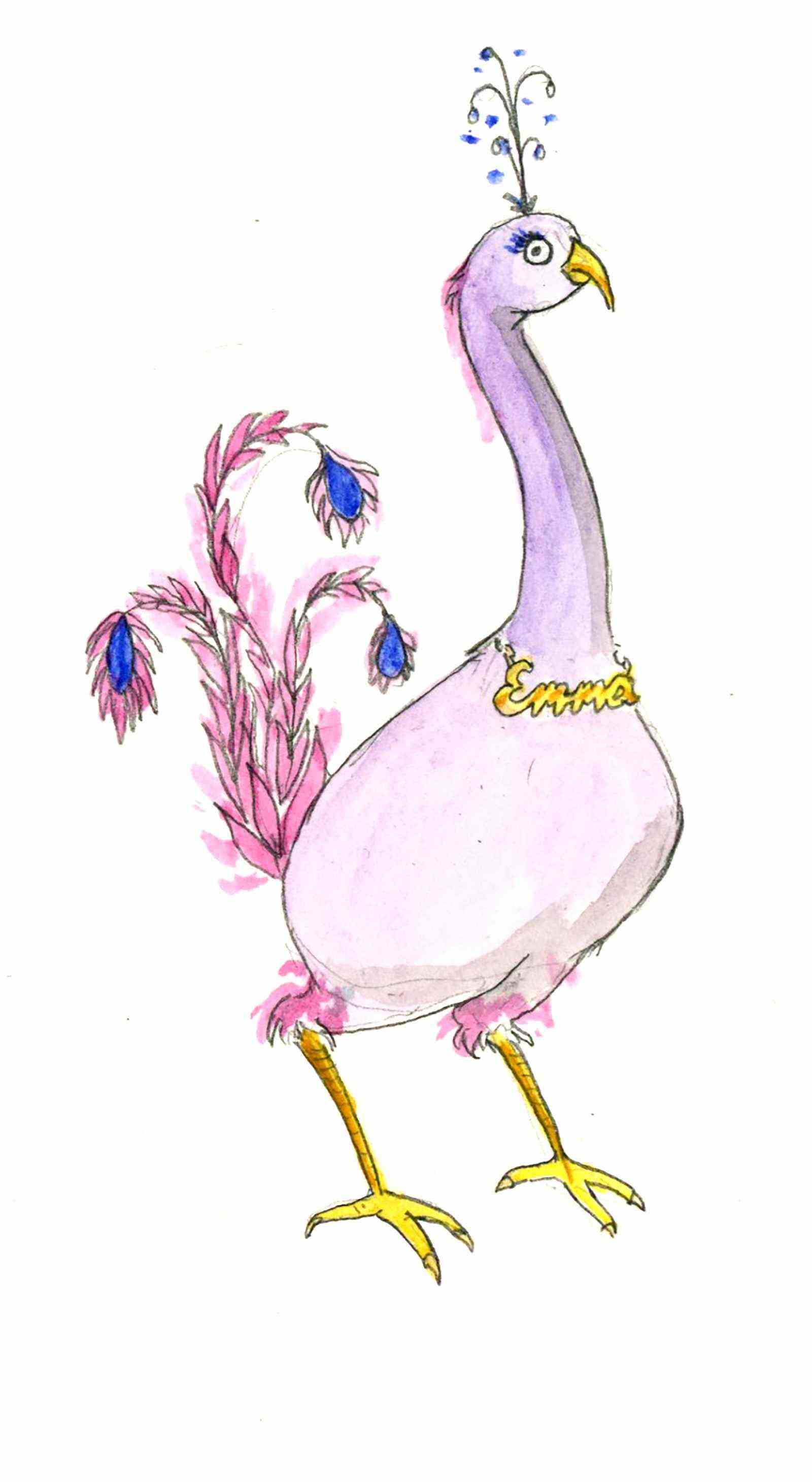 Ein Vogel, der einem Pfau ähnelt und eine Namenskette trägt, auf der Emma steht.