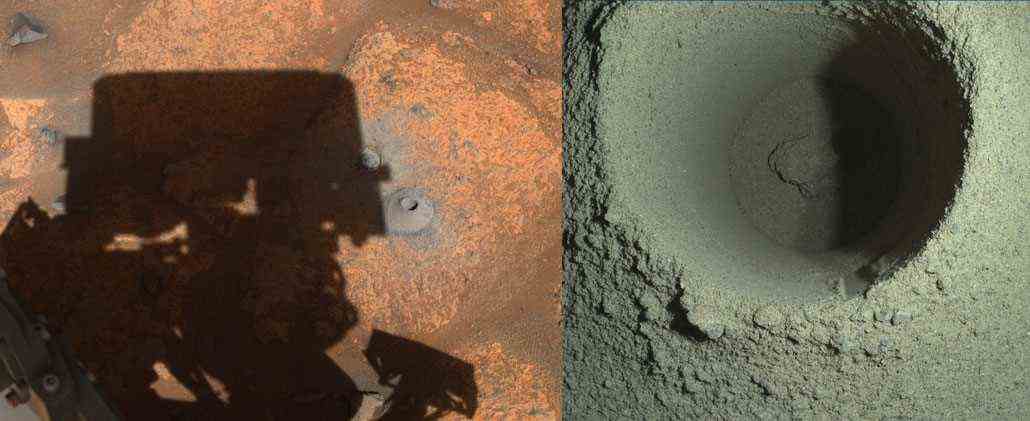 geteiltes Bild mit Weitblick und Nahansicht eines Bohrlochs im Marsboden