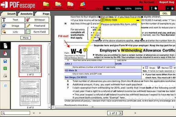 A PDFescape app interface screenshot showing a sticky note feature being added to a document. 
