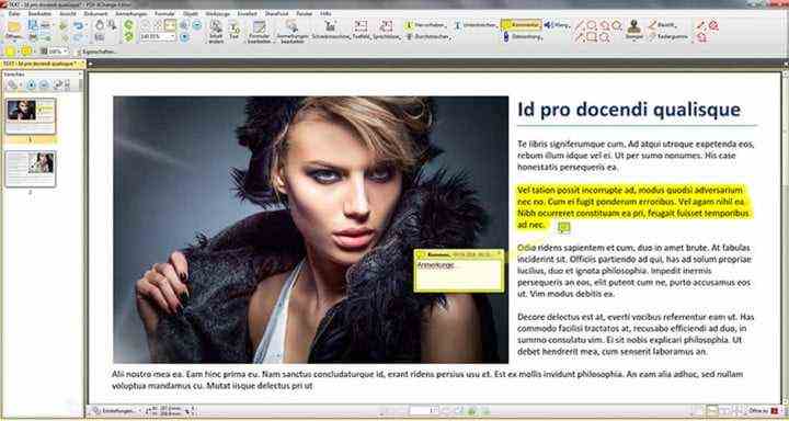 A PDF-XChange Editor desktop app screenshot from its developer showing a PDF document that features a photo of a woman.