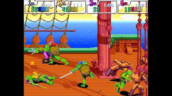 Turtles kämpfen gegen Feinde in Teenage Mutant Ninja Turtles Turtles in Time. 