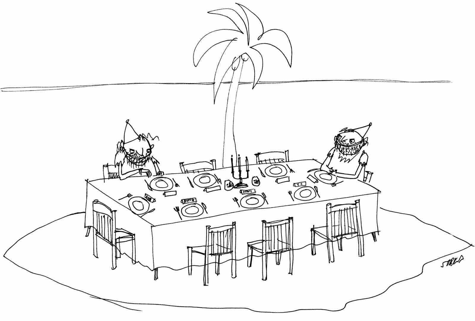 Zwei Männer am Partytisch auf einsamer Insel