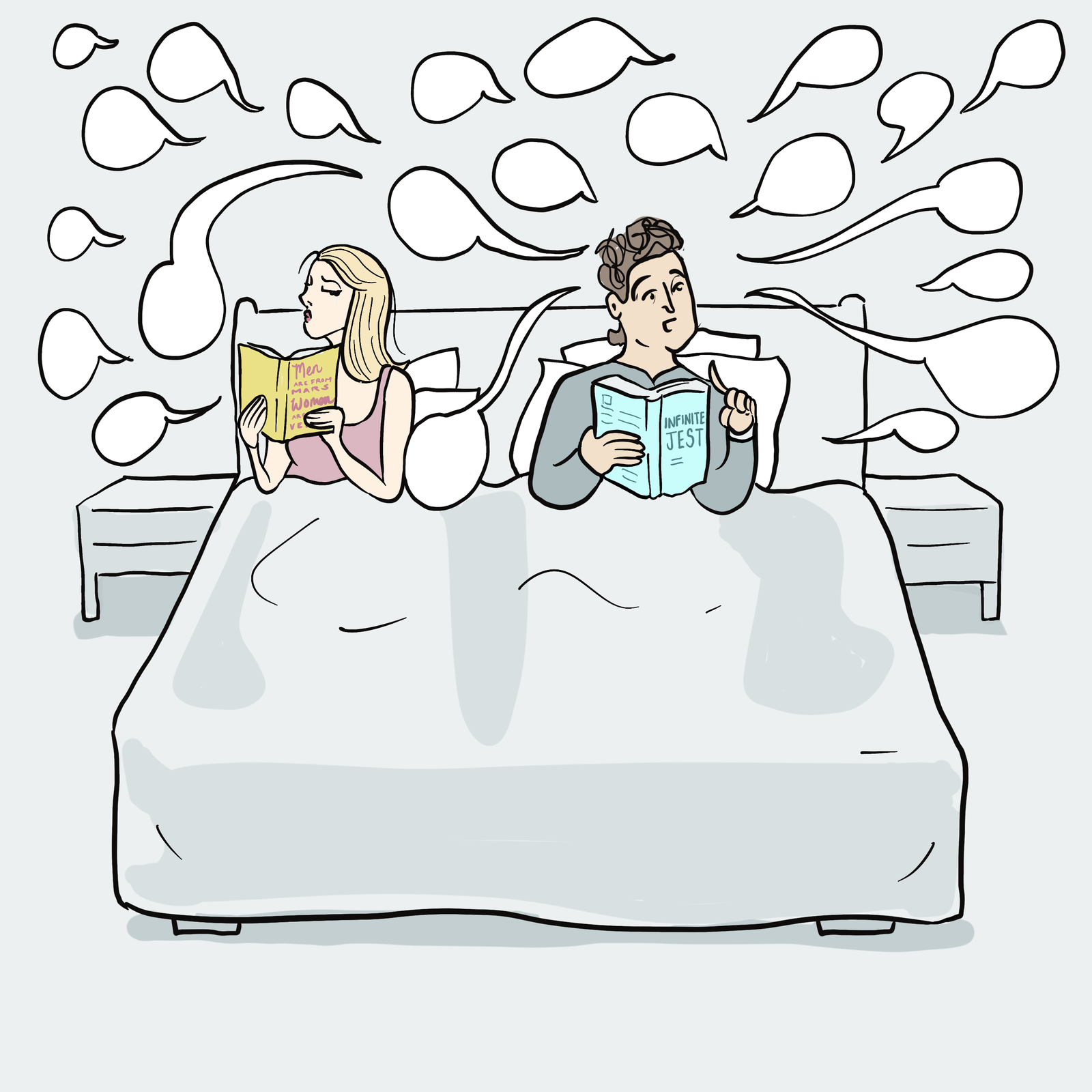 Paar im Bett, umgeben von Sprechblasen.