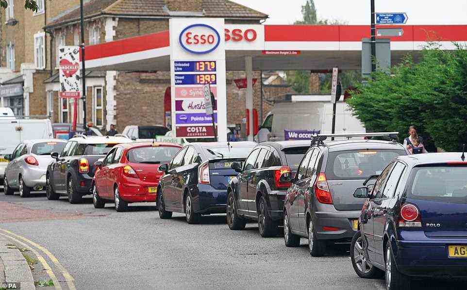 Motorists queued at an Esso petrol station in Brockley, South London, on Saturday morning