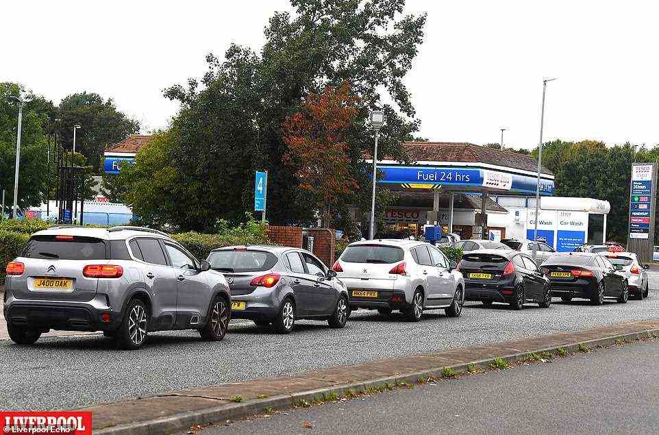 LIVERPOOL: Lines of queues at Tesco Extra, Kew, in Southport on Friday after BP announced yesterday it would be closing a handful of petrol stations due to the HGV crisis