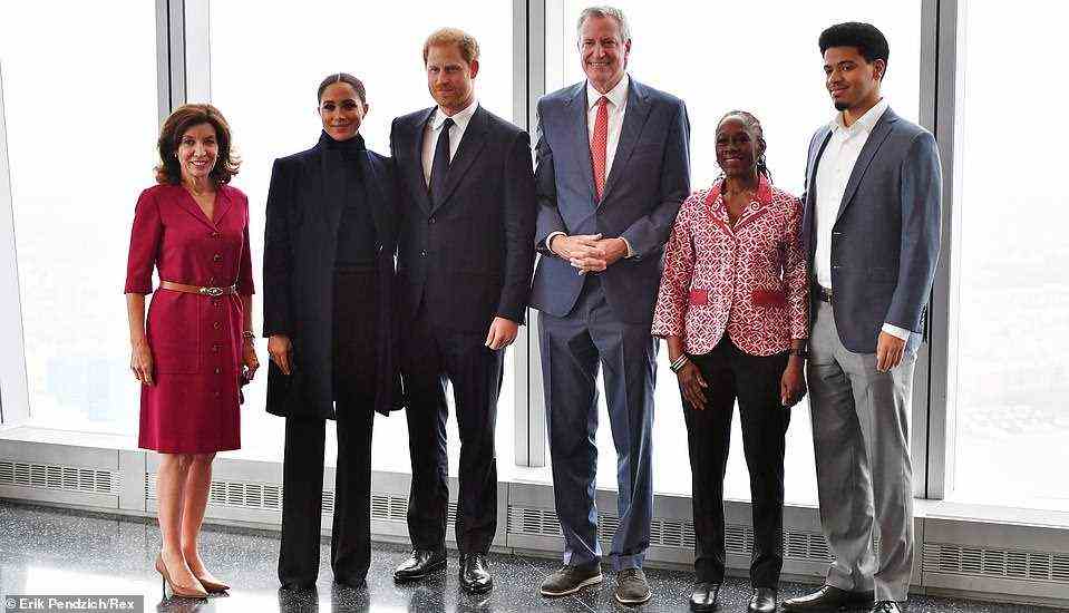 On Thursday morning they met with NY Governor Kathy Hochul (furthest left) and NYC Mayor Bill de Blasio (next to Harry) as well as De Blasio's wife Chirlane McCray, and the couple's son Dante (furthest right) at the One World Trade observatory