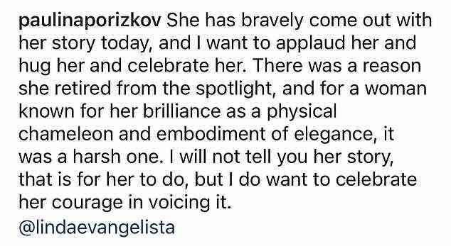 Reaching out: Porizkova wrote in the caption that she wanted to 'applaud' and 'celebrate' her for sharing her story with the world