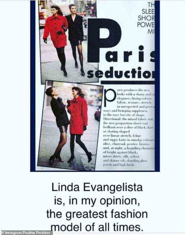 Looking back: On Thursday, Porizkova shared a photo of a magazine spread that they starred in together, calling Evangelista the 'greatest model of all time'