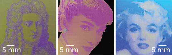 Bilder von Isaac Newton, Audrey Hepburn und Marilyn Monroe mit transparenter Tinte