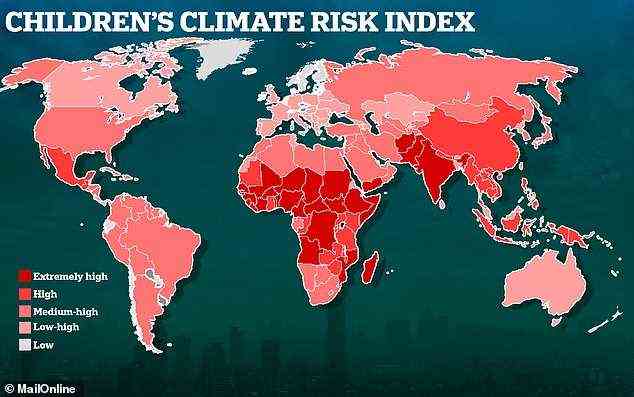 Der Kinder-Klimarisikoindex von Unicef ​​(im Bild) ist die erste umfassende Analyse des Klimarisikos aus der Perspektive eines Kindes.  Die 33 Länder mit „extrem hohem Risiko“ sind in dieser Grafik dargestellt
