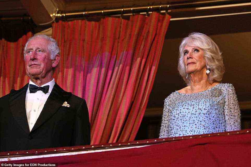 Taking in the view: Charles and Camilla looked down at the packed-out hall below