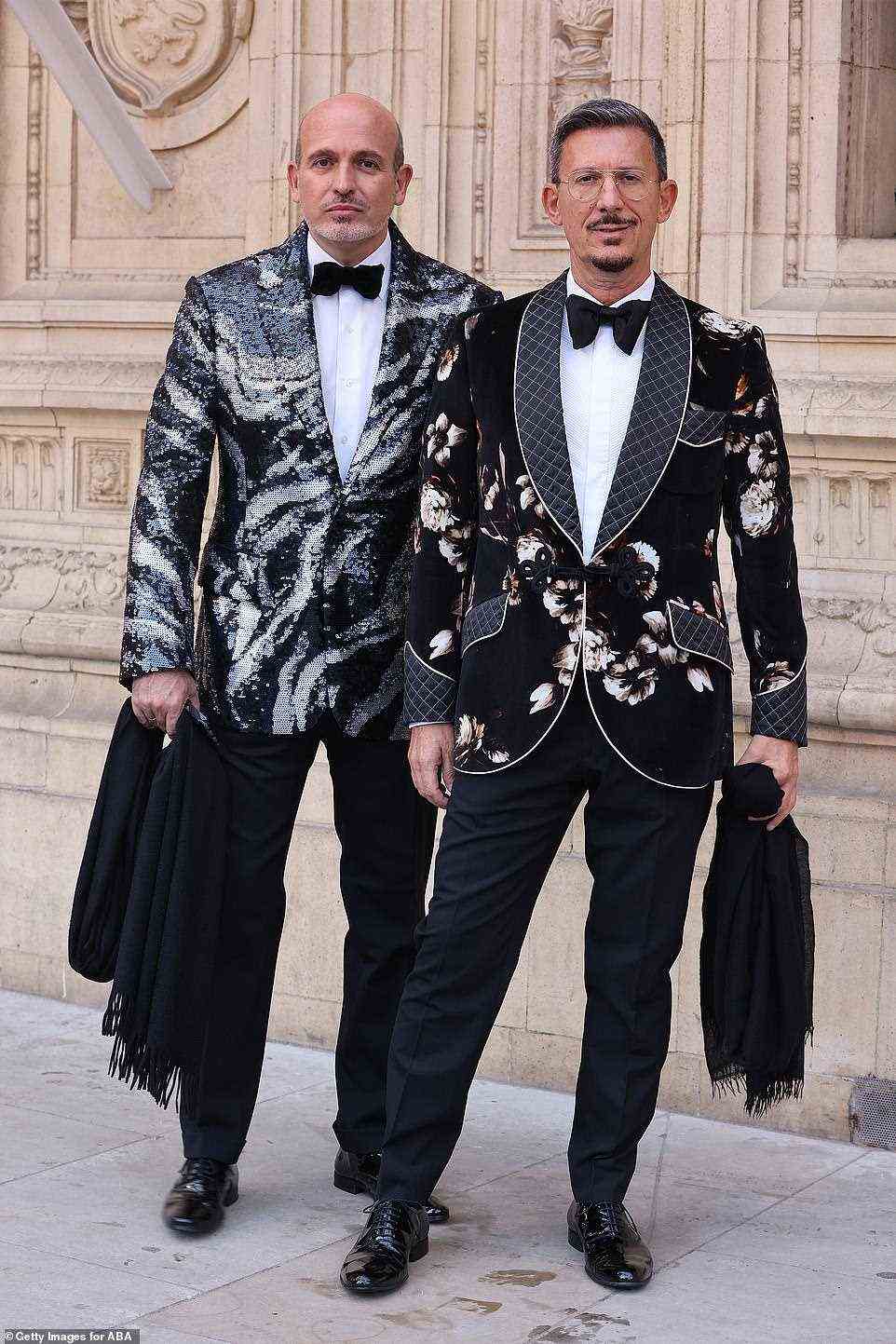 Matching: Fashion influencers Alessandro Maria Ferreri with Marco Bonaldo caught the eye in smart suit trousers teamed with show-stopping patterned blazers