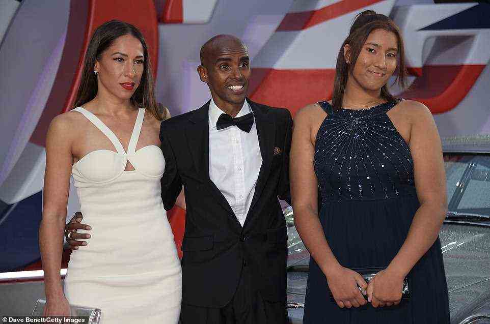 Delighted: Sir Mo Farah appeared delighted to be out in the name of film and posed alongside his wife Tania and daughter Rhianna
