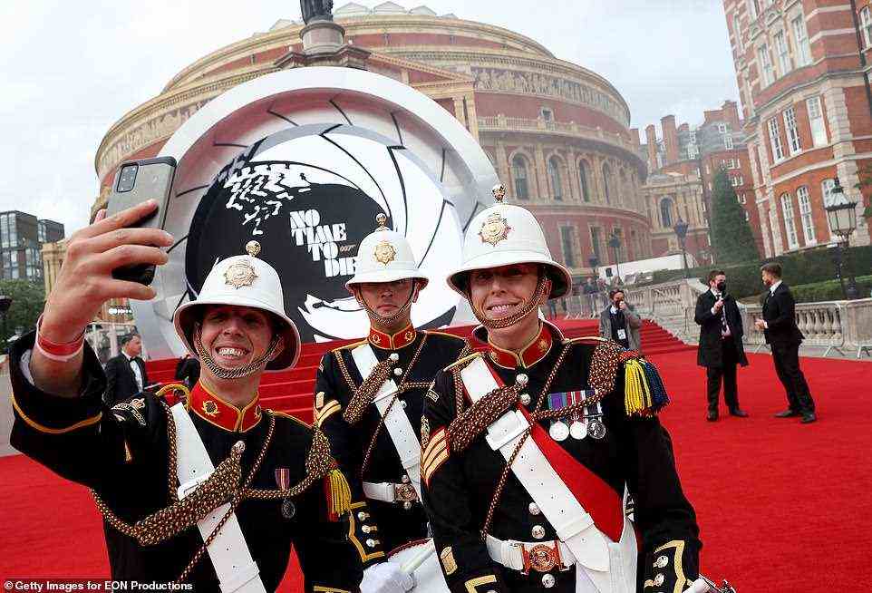 All smiles: Marching band members posed for a selfie on the red carpet