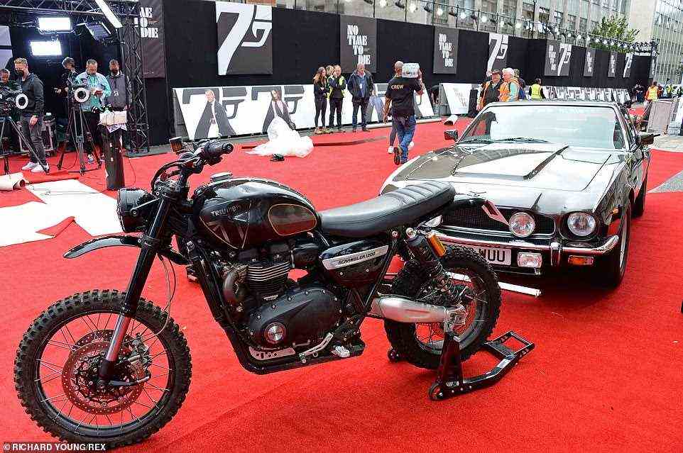 Looking good: Bond's motorcycle was also laid out on the red carpet