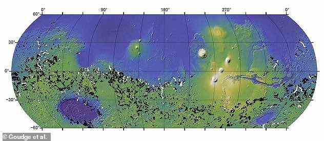 Eine globale Karte des Mars mit Flusstälern rund um den Roten Planeten.  Flusstäler, die von Kraterseebrüchen gebildet werden, sind weiß.  Flusstäler, die sich im Laufe der Zeit gebildet haben, sind schwarz