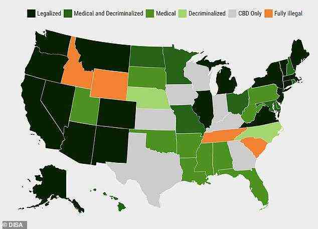 Die 18 Orte (17 Bundesstaaten und der District of Columbia) in Schwarz haben Marihuana vollständig legalisiert
