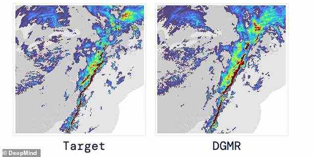 Das KI-System verwendet Radardaten der letzten 20 Minuten (links als Ziel abgebildet) und erstellt dann Niederschlagsvorhersagen mit seinem tiefen generativen Regenmodell (rechts).