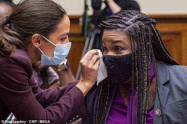 Bush's fellow progressive Squad member Alexandria Ocasio-Cortez was seen wiping away her tears during the hearing