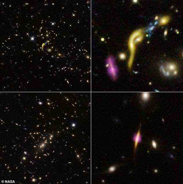 Sechs tote Galaxien befinden sich im Weltraum, etwa 11 Milliarden Lichtjahre entfernt.  Die sechs Galaxien sind bekannt als MRG-M1341 (Bild oben links und rechts), MRG-M0138, MRG-M2129 (Bild unten links und rechts), MRG-M0150, MRG-M0454 und MRG-M1423