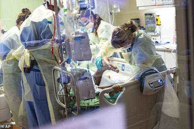 Die Forscher untersuchten die Todesfälle bei Menschen, die sich 2019 und 2020 einer Nierentransplantation unterzogen hatten oder auf der Warteliste standen. Im Bild: Mediziner pronieren einen 39-jährigen ungeimpften COVID-19-Patienten im St Luke's Boise Medical Center in Idaho. August 2021