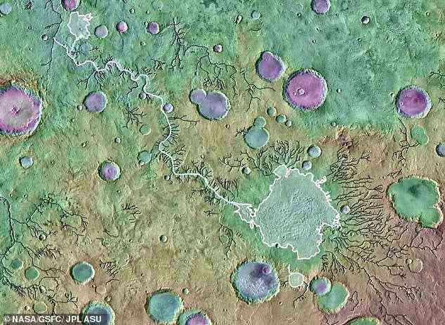 Ein farbiges topografisches Bild, das Flusstäler auf dem Mars zeigt.  Die Auslaufschlucht Loire Vallis (weiße Linie) entstand aus dem Überlauf eines Sees im Parana-Becken (weiß umrandet).  Schwarze Linien zeigen andere Flusstäler an, die durch andere Prozesse als Seeüberläufe gebildet wurden.  Das Bild ist ungefähr 650 Kilometer breit