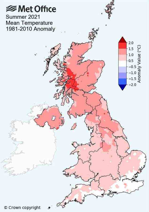 The UK had its ninth hottest summer on record this year and the hottest since 2018, with an average temperature of 15.28°C (59.5°F). The graphic above shows which areas of Britain had higher than average summer temperatures compared to the average from 1981-2010