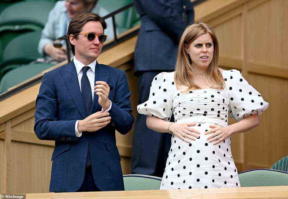 Beatrice, 33, the oldest daughter of Prince Andrew and Sarah Ferguson, gave birth to a baby girl weighing 6lbs 2oz at 11.42pm on Saturday 18 September at the Chelsea and Westminster Hospital, in London, Buckingham Palace announced. Pictured, the couple at Wimbledon in July