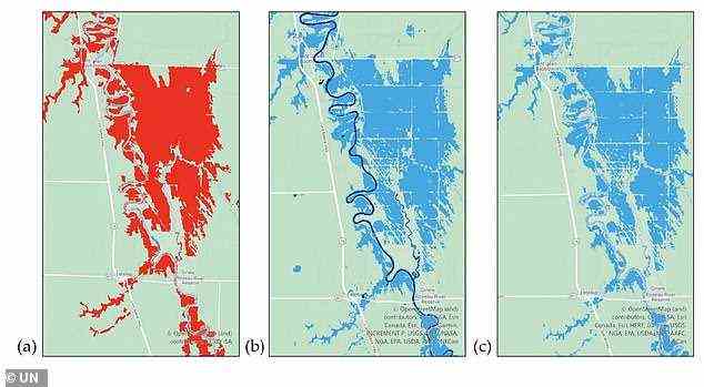 Diese mit dem Tool erstellten Karten zeigen das Ausmaß der Red River Flut 2019 in Minnesota.  Die rot markierten Bereiche zeigen das Ausmaß der Überschwemmung über den normalen Wasserstand hinaus