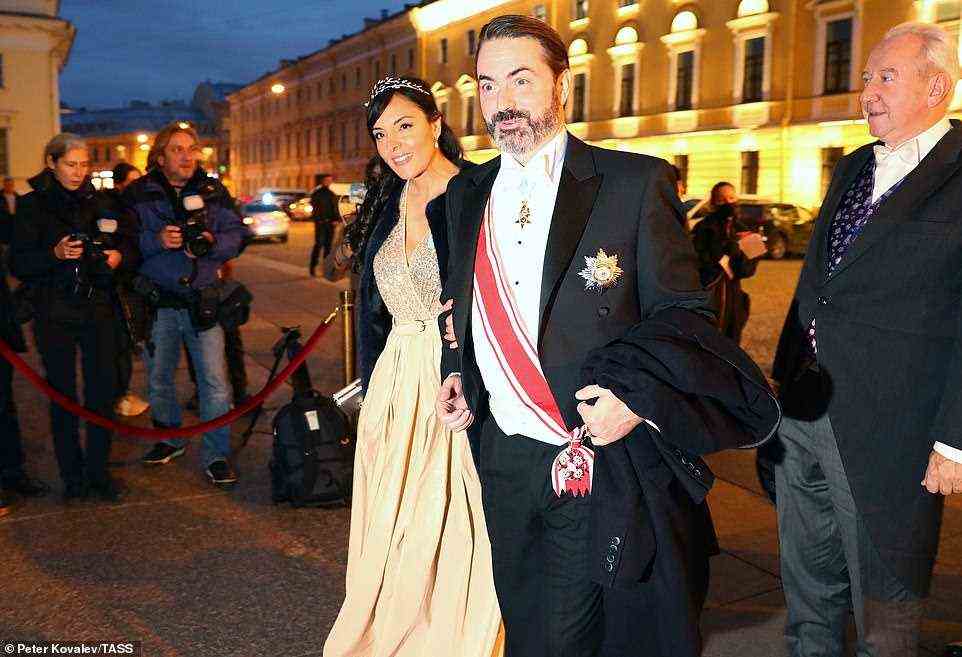 Joachim Murat, Prince of Pontecorvo, a member of the Bonaparte-Murat family, and his wife Yasmine Lorraine Briki arrive for a reception at the Russian Museum of Ethnography