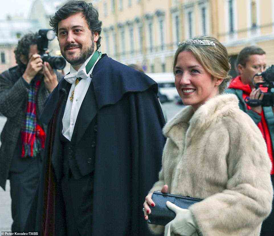 Count of Ampudia, Borja Casans y Castillejo de Arteaga, and his wife Alejandra Castellanos Tassara arrive for the reception at the Russian Museum of Ethnography